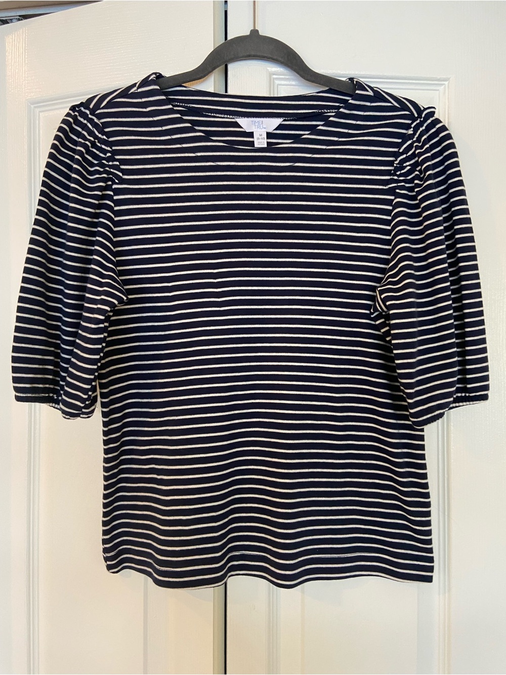 Time and Tru Navy and White Striped Puff-Sleeve Tee